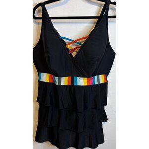 SWIM by CACIQUE Black Ruffle Tier Rainbow No Wire Plus Size 20 Adjustable